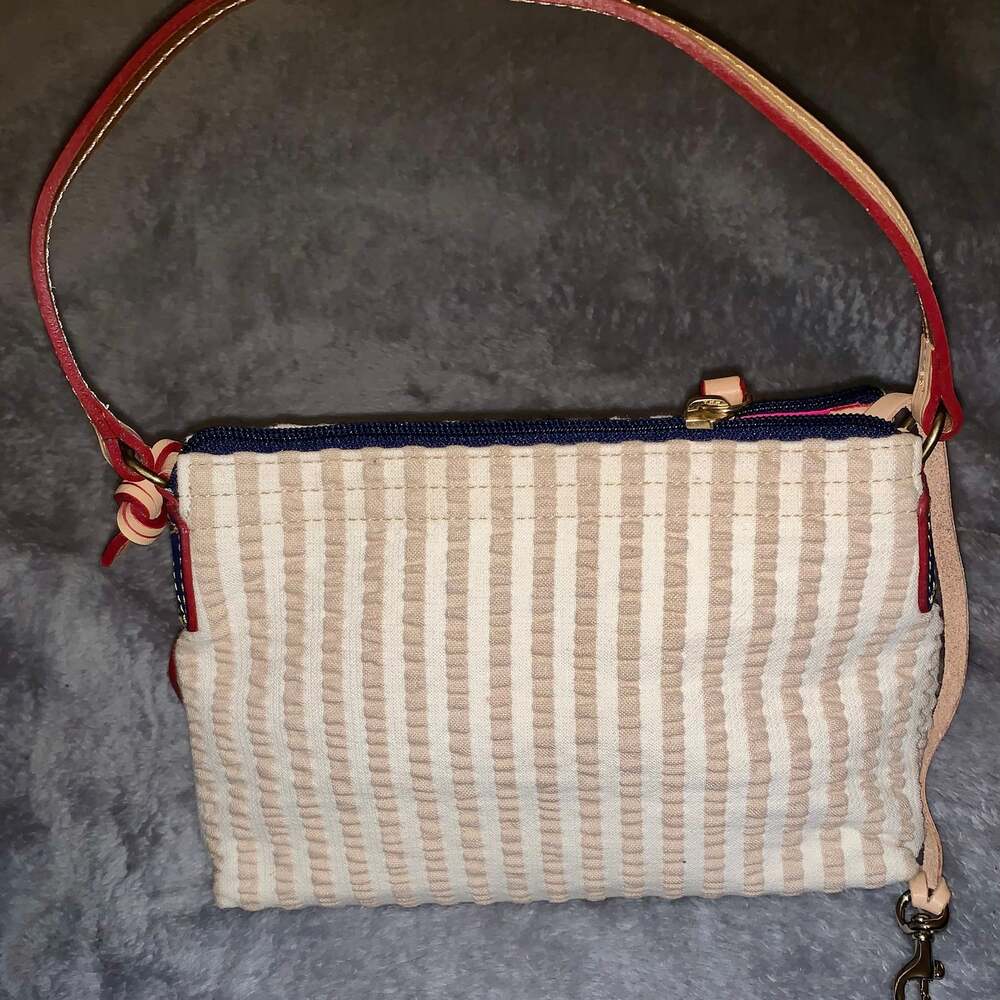 Dooney & Bourke Cream and Tan Striped Shoulder Bag with Navy Trim - Picture 2 of 6
